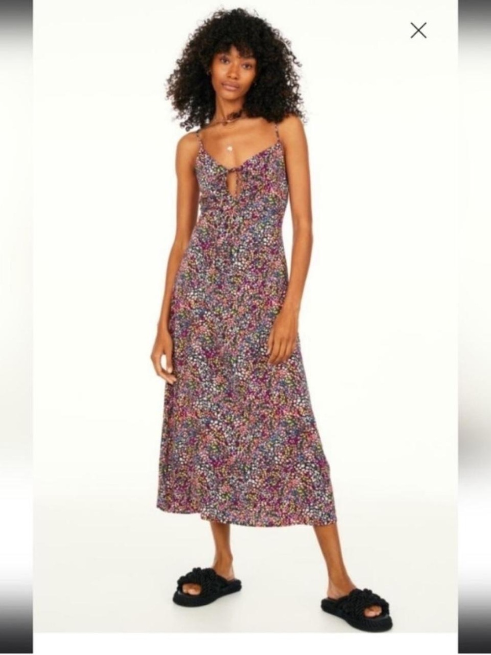 H&M Purple Multi Floral Tie-Front Spaghetti Midi Dress
